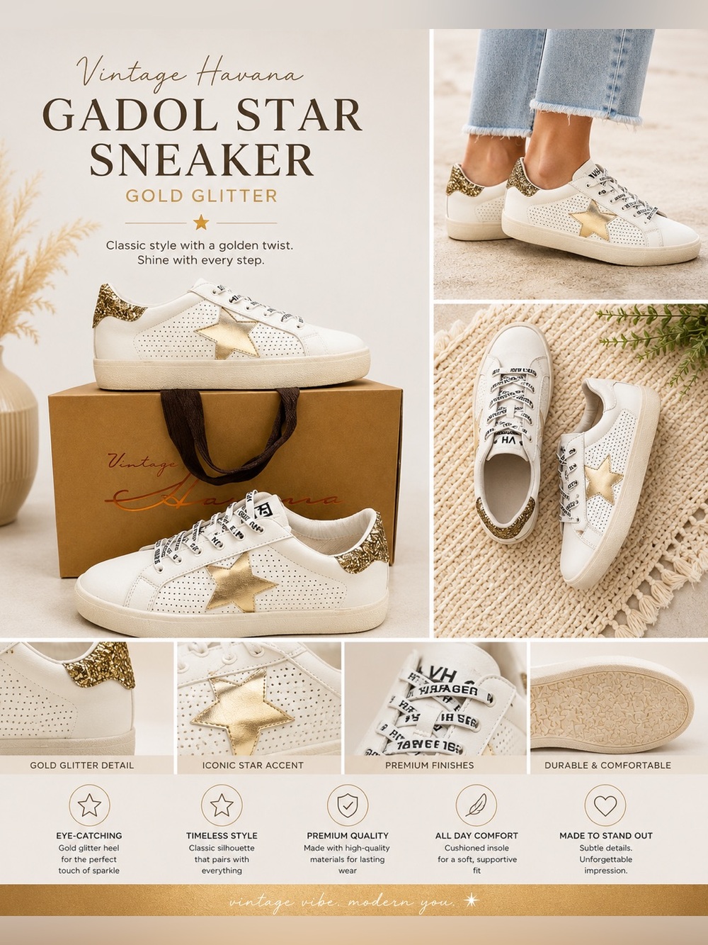 Vintage Havana Gadol Star Sneaker Gold Glitter Size 8.5